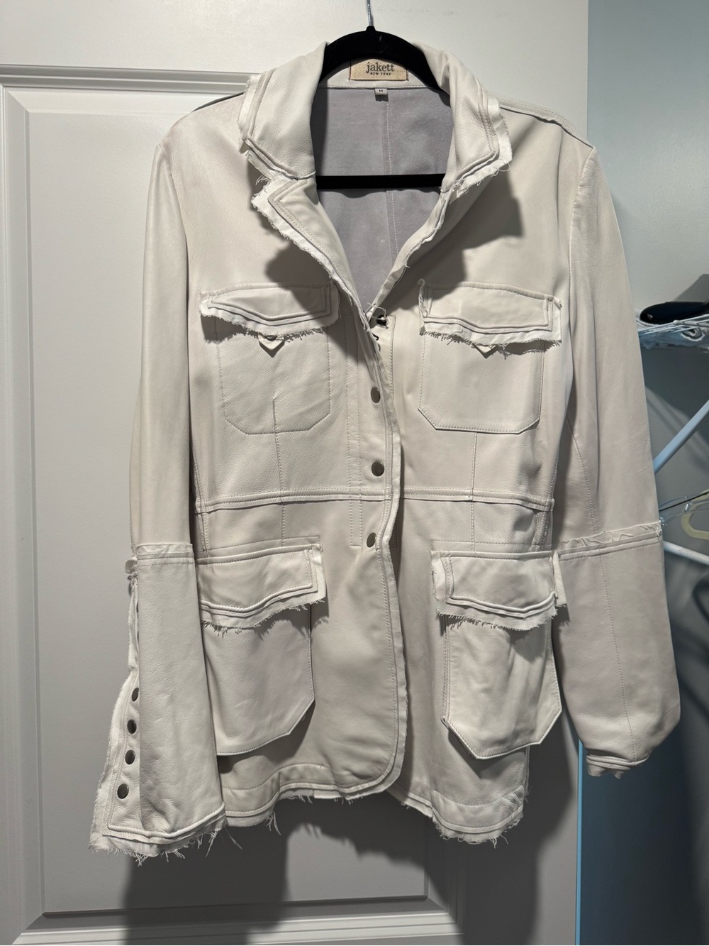 Jakett White Frayed-Trim Leather Utility Jacket